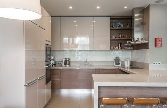 Sleek modern kitchen with white cabinets, island, and built-in appliances.